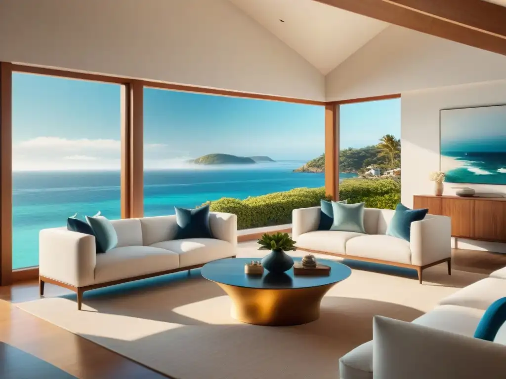 Salón costero de lujo frente al mar: diseño elegante y sereno Fotografía de interiores propiedades costeras: Sala de estar moderna con vista al mar, diseño elegante y toques costeros