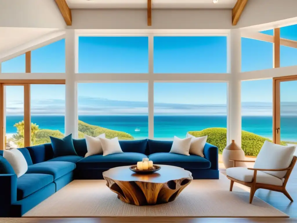 Diseño costero elegante y relajado en sala luminosa Fotografía de interiores propiedades costeras: Sala iluminada con vista al mar, decoración náutica y ambiente acogedor