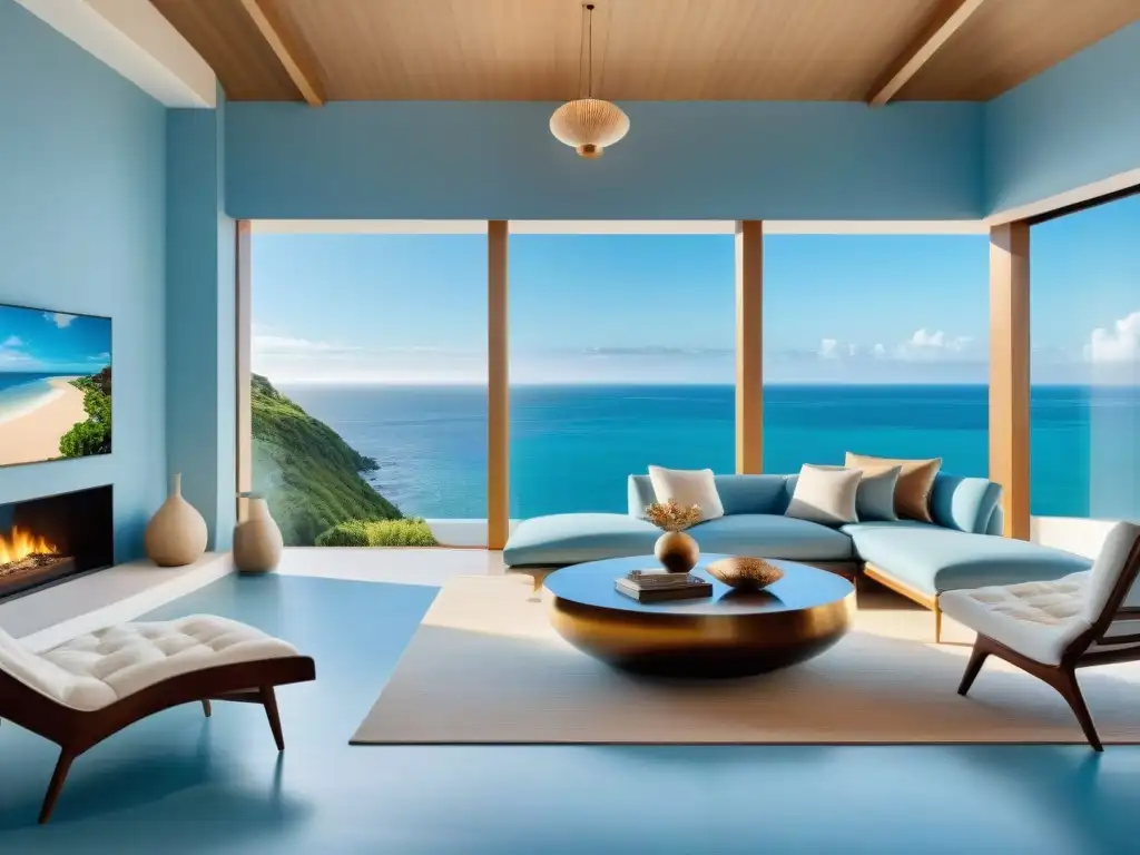 Salón costero con vista al mar: luz natural y decoración elegante Una fotografía de interiores propiedades costeras con sala iluminada por el sol y vista al mar, decorada con acentos marinos en tonos azules
