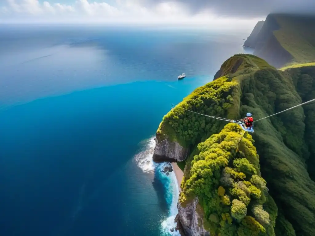 Emoción en tirolesa sobre el mar Intrépido aventurero deslizándose en tirolesa sobre el océano, experiencia emocionante y panorámica impresionante