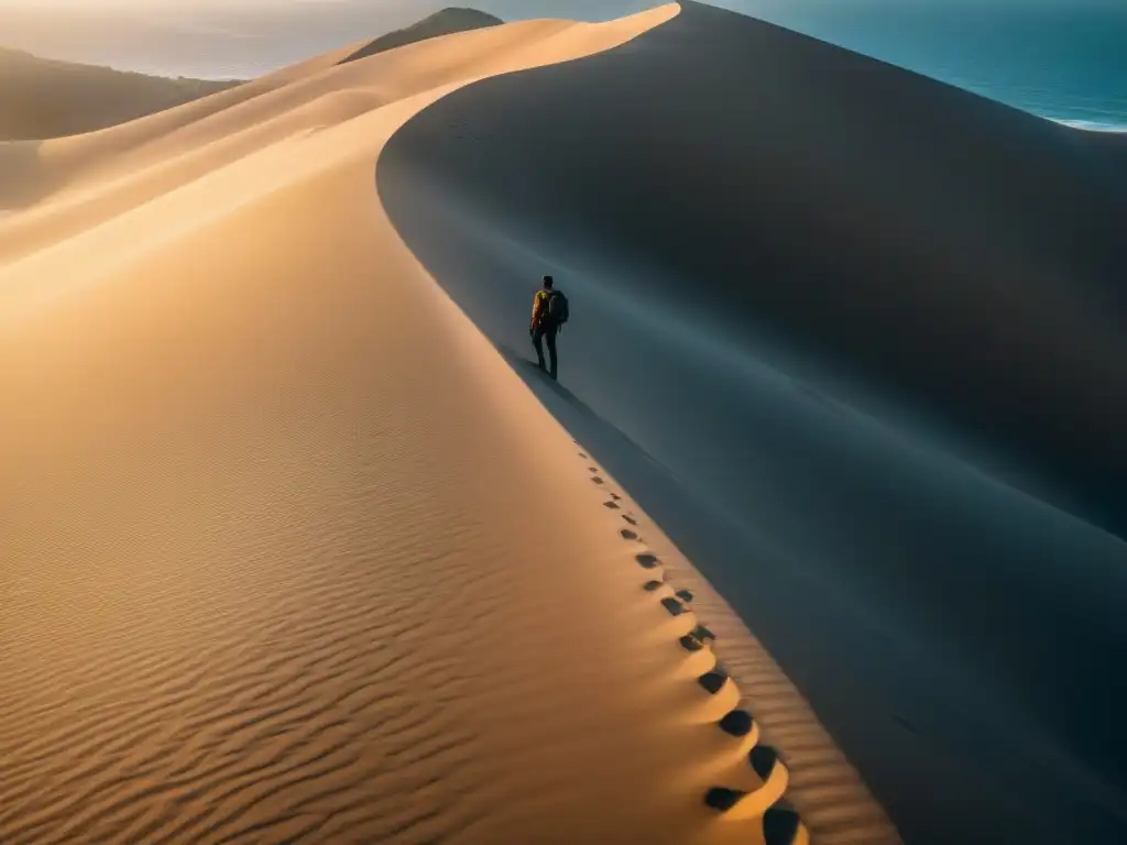 Desafiando dunas costeras: épica escalada con vista al mar Un intrépido escalador conquistando dunas costeras, desafiando la altura con el mar infinito de fondo