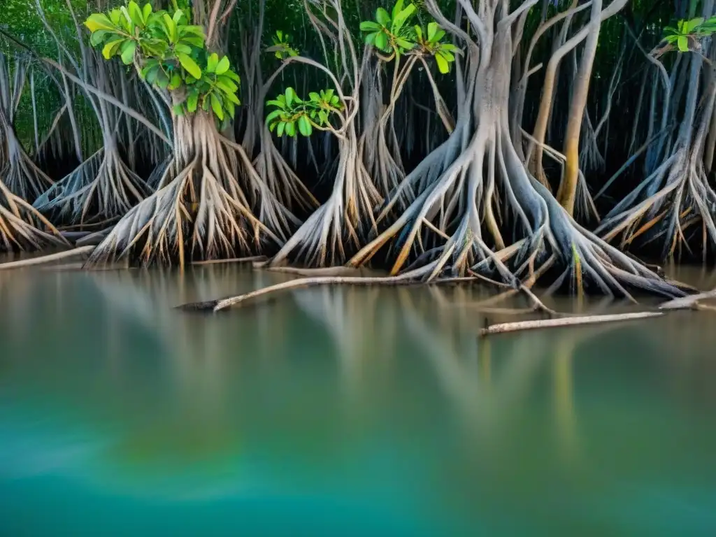 Manglar costero: biodiversidad y servicios ecosistémicos Intrincado sistema de raíces de manglar en el agua salobre, con fauna marina