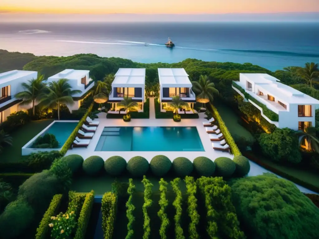 Resplandeciente complejo de lujo frente al mar al atardecer Inversión en apartamento de lujo frente al mar al atardecer, con piscina y arquitectura moderna