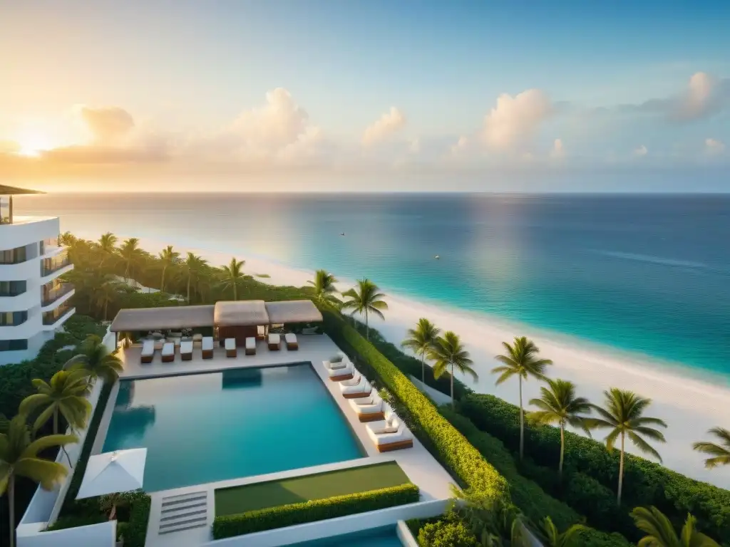 Residencial de lujo frente al mar al atardecer dorado Inversión en apartamento de lujo frente al mar al atardecer, con arquitectura moderna y exclusiva