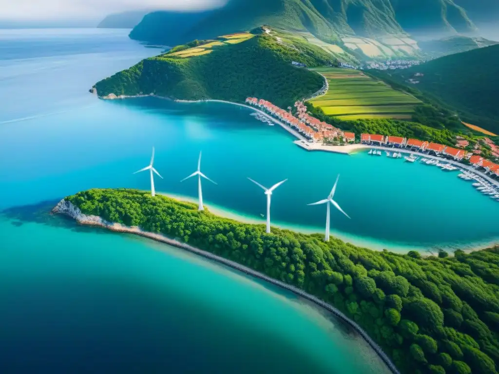 Paraíso costero sostenible: armonía entre naturaleza y desarrollo Inversión costera sostenible rentable: Pueblo costero entre montañas verdes, agua turquesa y prácticas ecológicas