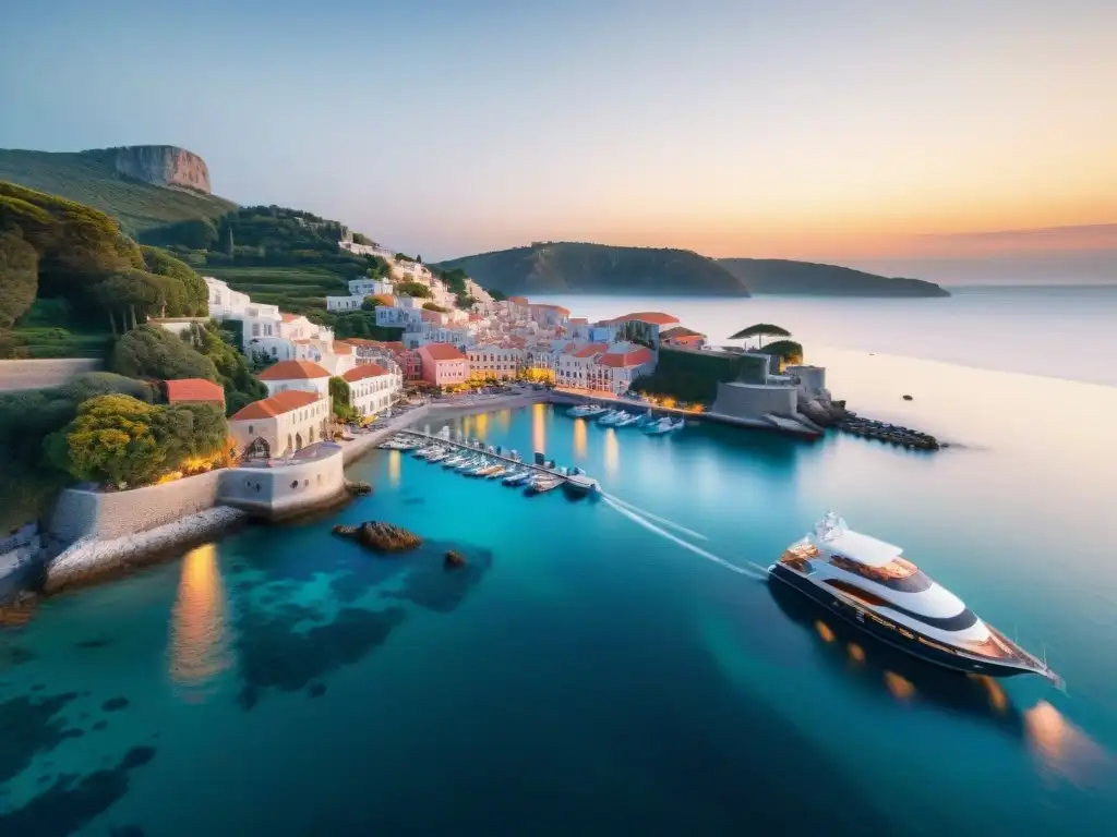 Atardecer mágico en ciudad costera: mezcla moderna y tradicional Inversión inmobiliaria: Pintoresco pueblo costero al atardecer, con modernos edificios y casas tradicionales junto al mar