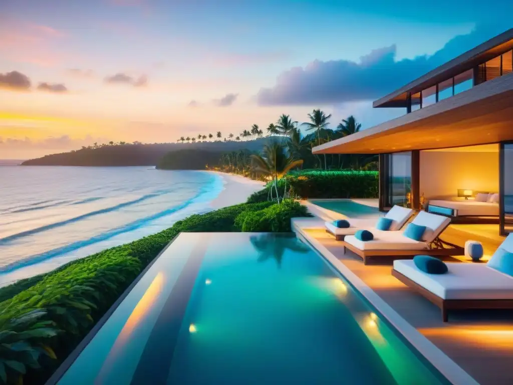 Propiedad de lujo frente al mar al atardecer Inversión inmobiliaria en propiedad costera con vista al mar al atardecer, piscina infinita y terraza amplia