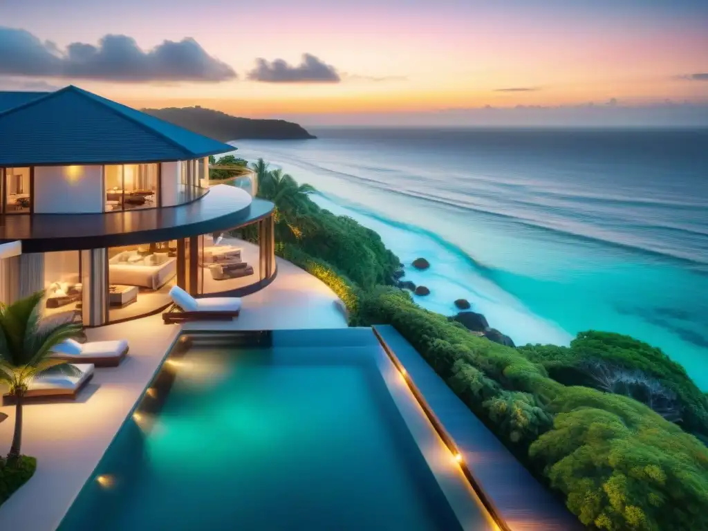 Residencia de lujo frente al mar: cena romántica al atardecer Inversión inteligente en propiedades costeras: Villa de lujo frente al mar con piscina infinita y pareja disfrutando la cena al atardecer