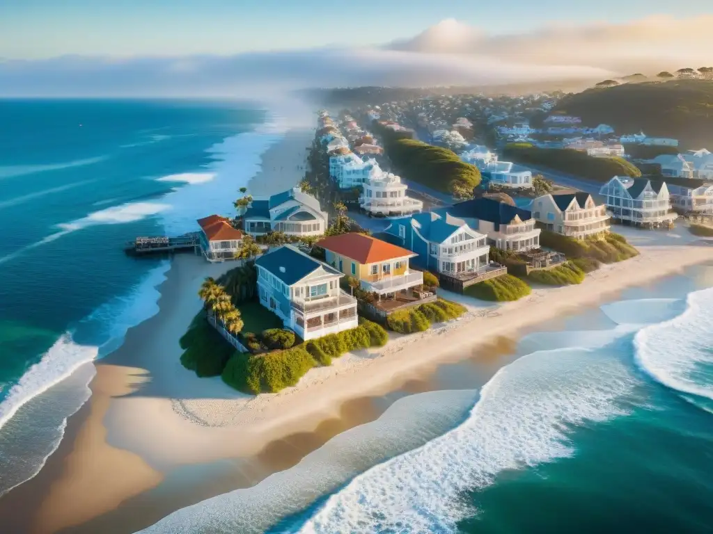 Atardecer dorado en pueblo costero: lujo, mar y exclusividad Inversión inteligente en propiedades costeras: un pueblo costero vibrante al atardecer, con propiedades lujosas y una bulliciosa pasarela junto al mar