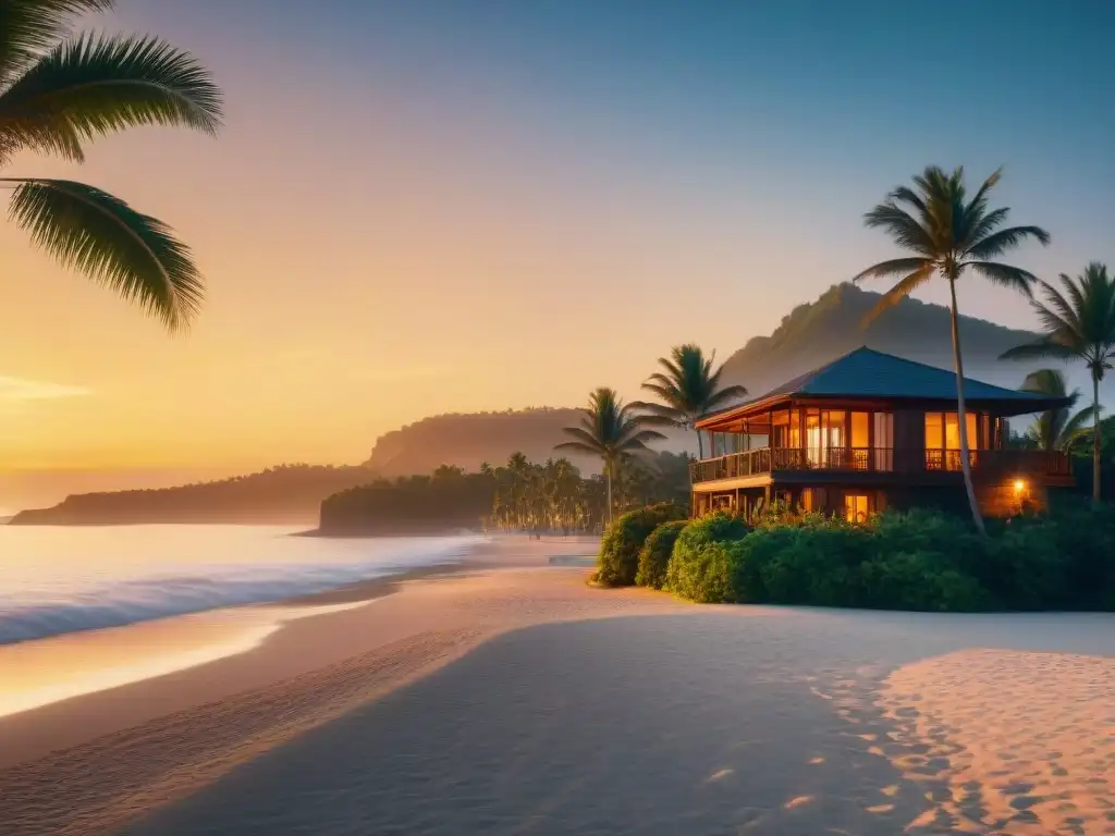 Propiedad costera de lujo al atardecer: villa frente al mar Inversión a largo plazo en propiedades costeras: atardecer sereno en una villa frente al mar, palmeras meciéndose suavemente