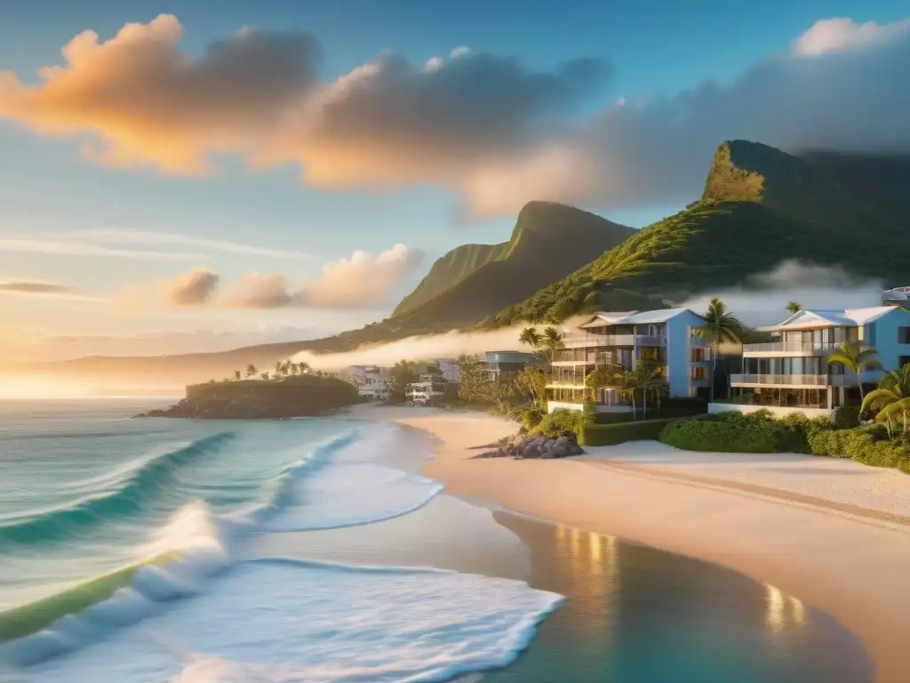 Costa dorada: lujo y tranquilidad en ciudad costera al amanecer Inversión en mejores propiedades costeras: amanecer sereno en un lujoso pueblo costero con moderna arquitectura y vistas al mar