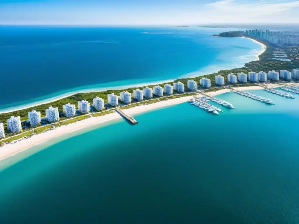 Inversión inmobiliaria costera: cielos azules, rascacielos y yates de lujo Inversión rentable en REITs costeros: vista aérea de ciudad costera con propiedades de lujo y yates en marinas