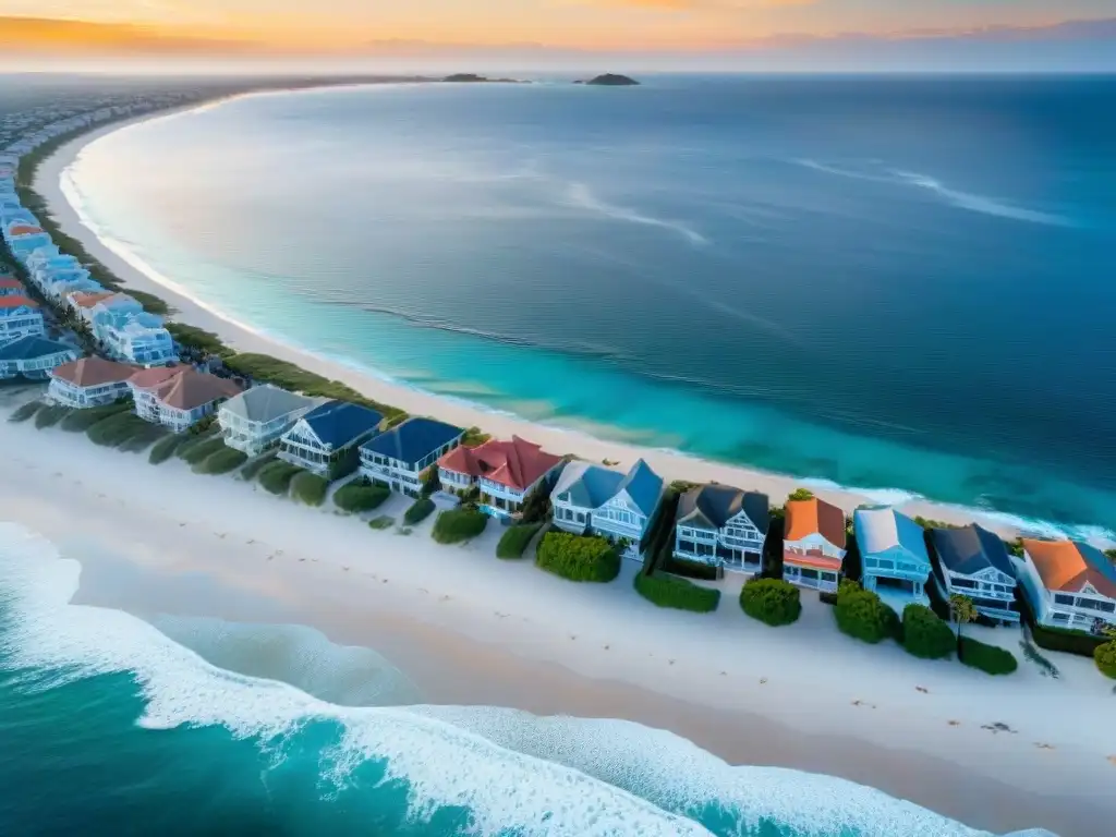 Inversión de lujo: propiedades costeras con logos de REITs frente al mar Inversión rentable en REITs costeros: atardecer vibrante sobre propiedades de lujo en la costa
