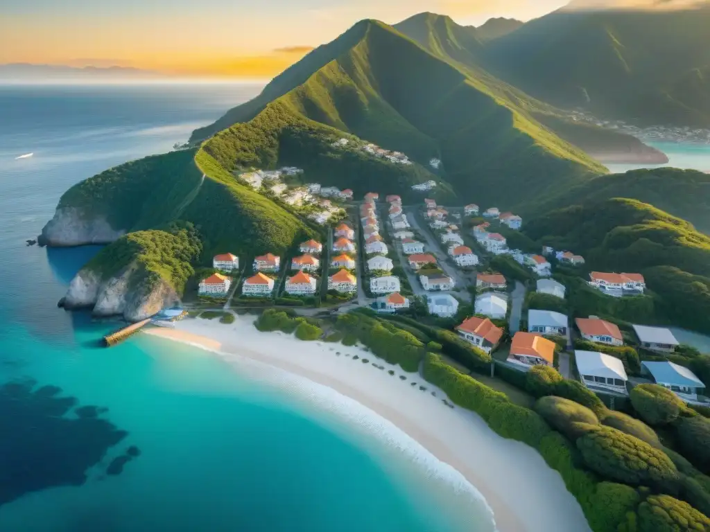 Costa segura: vista aérea de paraíso tropical con propiedades resistentes Inversión segura en propiedades costeras: Pintoresco pueblo entre montañas verdes y mar turquesa, casas playeras coloridas