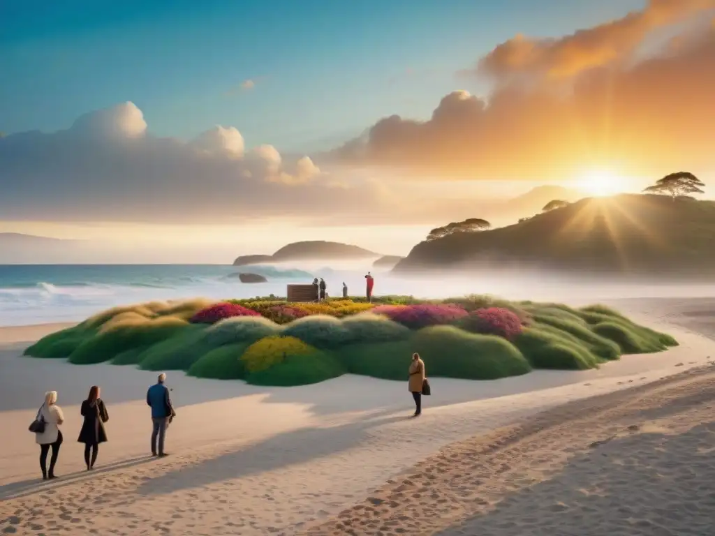 Exposición de arte sostenible en la costa al atardecer Inversiones en arte costero sostenible: Exposición artística vibrante en la playa al atardecer, con piezas ecológicas y entusiastas disfrutando