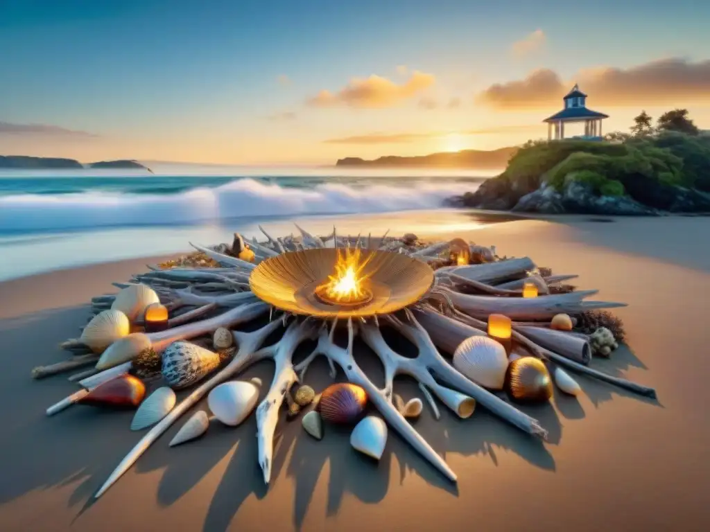 Artistas crean arte sostenible en la playa al atardecer Inversiones en arte costero sostenible: Grupo diverso de artistas creando instalaciones artísticas en la playa al atardecer