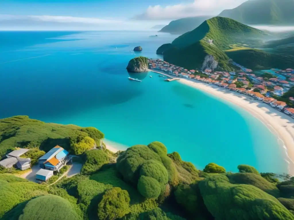 Maravilloso pueblo costero: aguas turquesas y edificios pastel Inversiones en ciudades costeras postpandemia: Vista aérea impresionante de un pintoresco pueblo costero con aguas turquesas y edificios color pastel