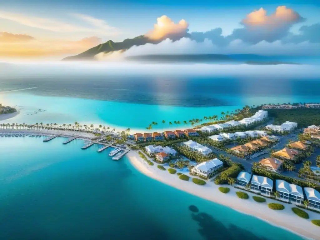 Lujo costero: vista aérea de elegantes propiedades frente al mar Inversiones colectivas en propiedades costeras: Vista aérea de una lujosa ciudad costera con propiedades frente al mar y palmeras bajo un cielo azul