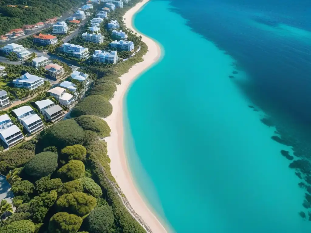 Costa paradisíaca: Inversiones inmobiliarias en paraíso costero Inversiones colectivas en propiedades costeras: Vista aérea de un pintoresco pueblo costero con lujosas propiedades frente al mar