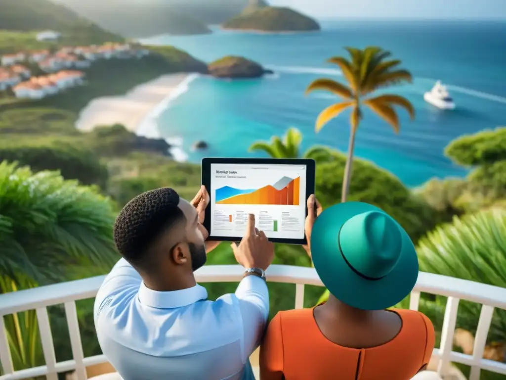 Inversionistas colaborativos analizan propiedad costera Inversiones colectivas en propiedades costeras: Grupo diverso de inversores analizando datos en tablet sobre propiedad costera con palmeras