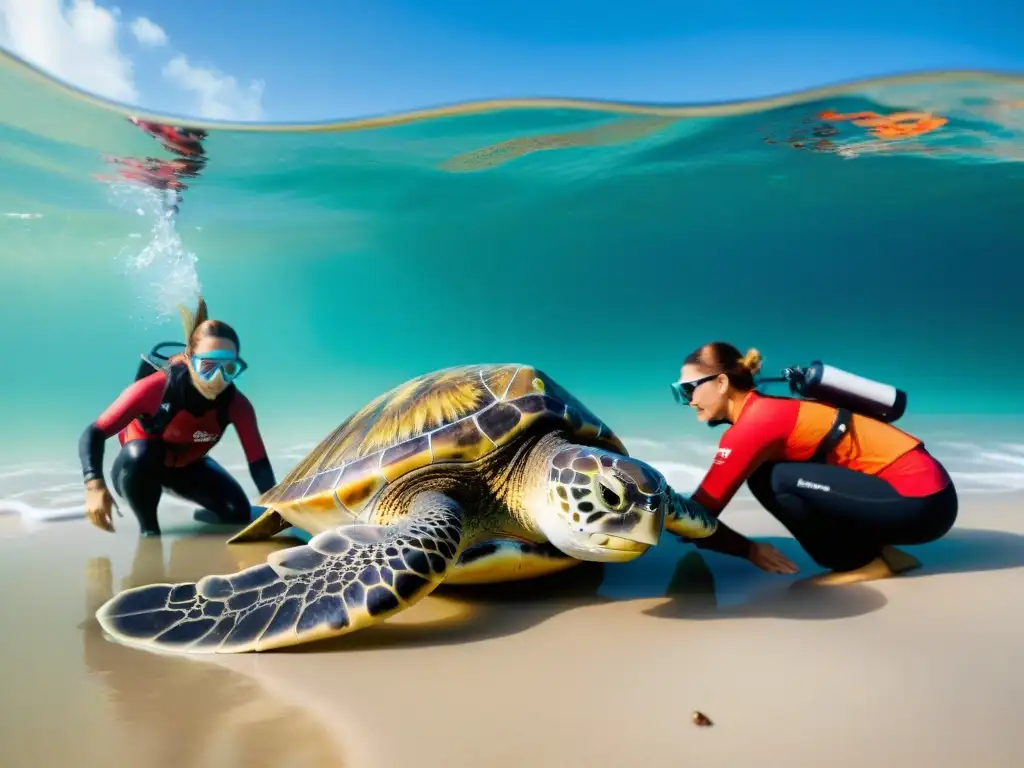 Emotivo rescate de tortugas marinas: liberación en arrecife Inversiones en conservación costera: Biólogos marinos liberan tortugas marinas rehabilitadas al océano, rodeados de arrecifes de coral vibrantes