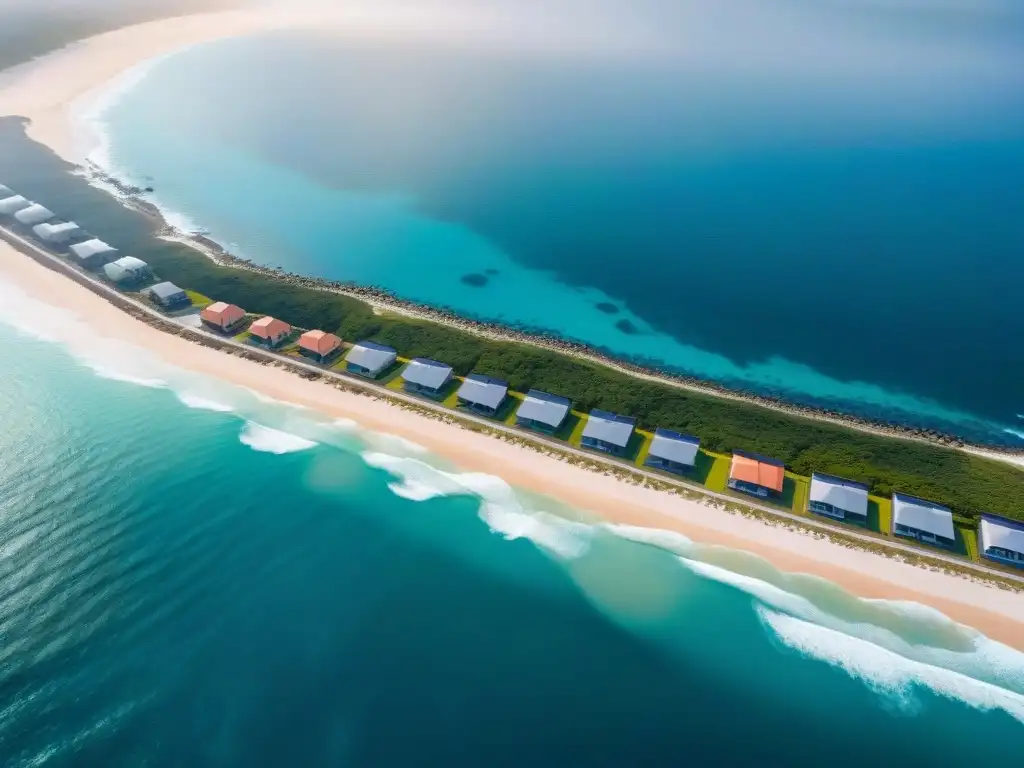 Desarrollo costero sostenible con villas de lujo y desalinización Inversiones costeras cambio climático: Desarrollo sostenible en playa paradisíaca con villas lujosas y infraestructura moderna