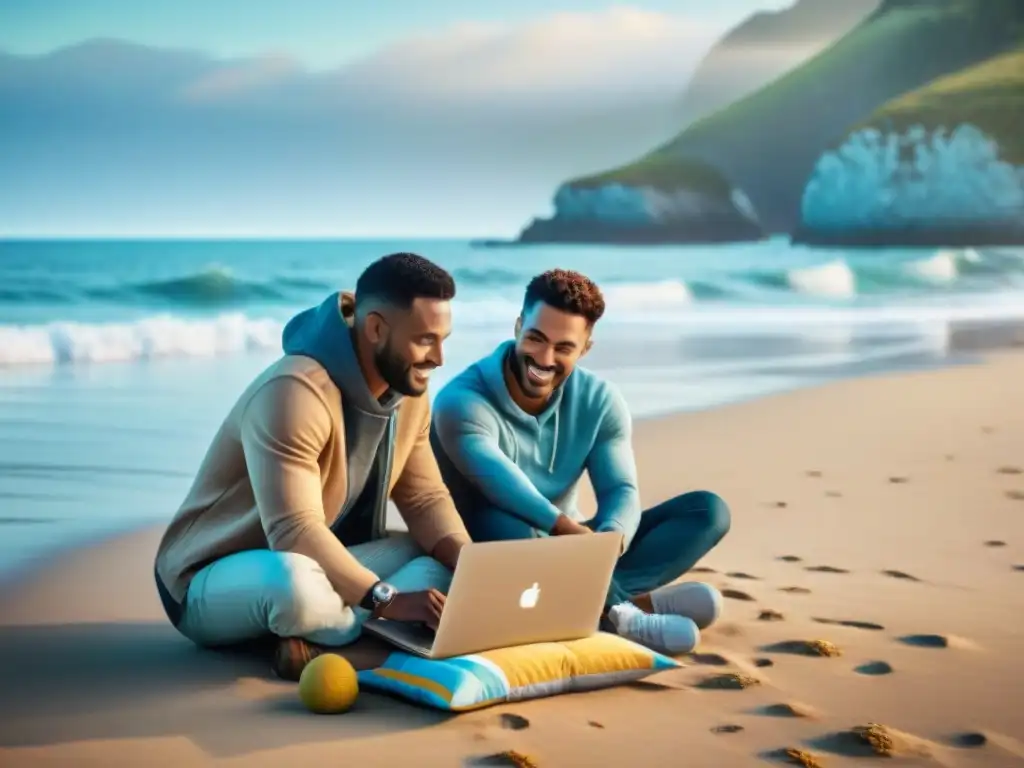 Inversores colaboran en crowdfunding costero en la playa Inversiones costeras a través crowdfunding: Grupo diverso de inversores colaborando en una campaña en la playa