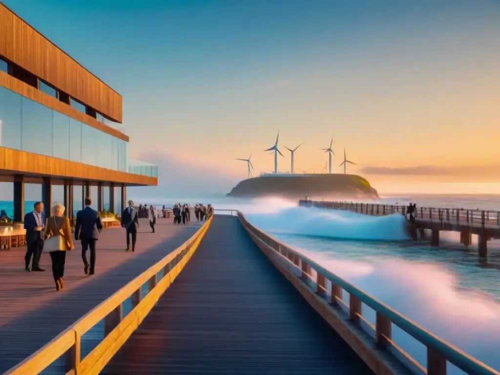 Inversiones costeras postCOVID tendencias: Paseo costero con proyectos sostenibles futuristas al atardecer