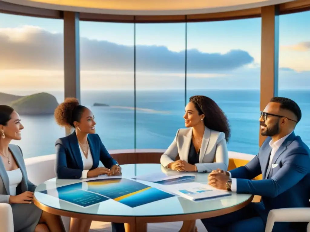 Inversiones costeras postCOVID tendencias: Grupo diverso de inversores discutiendo en propiedad costera al atardecer