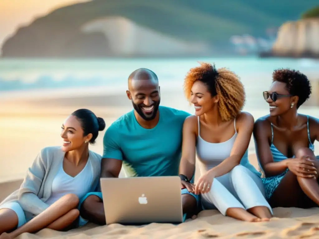 Inversores colaborando en proyecto costero: crowdfunding en la playa Inversiones costeras a través de crowdfunding: Grupo diverso de inversores colaborando en una playa soleada