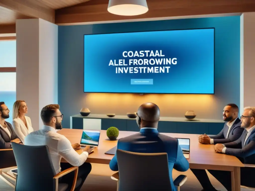 Inversores atentos a presentación de crowdfunding inmobiliario en la costa Inversiones costeras a través de crowdfunding: Grupo diverso de inversores escuchando presentación de experto inmobiliario