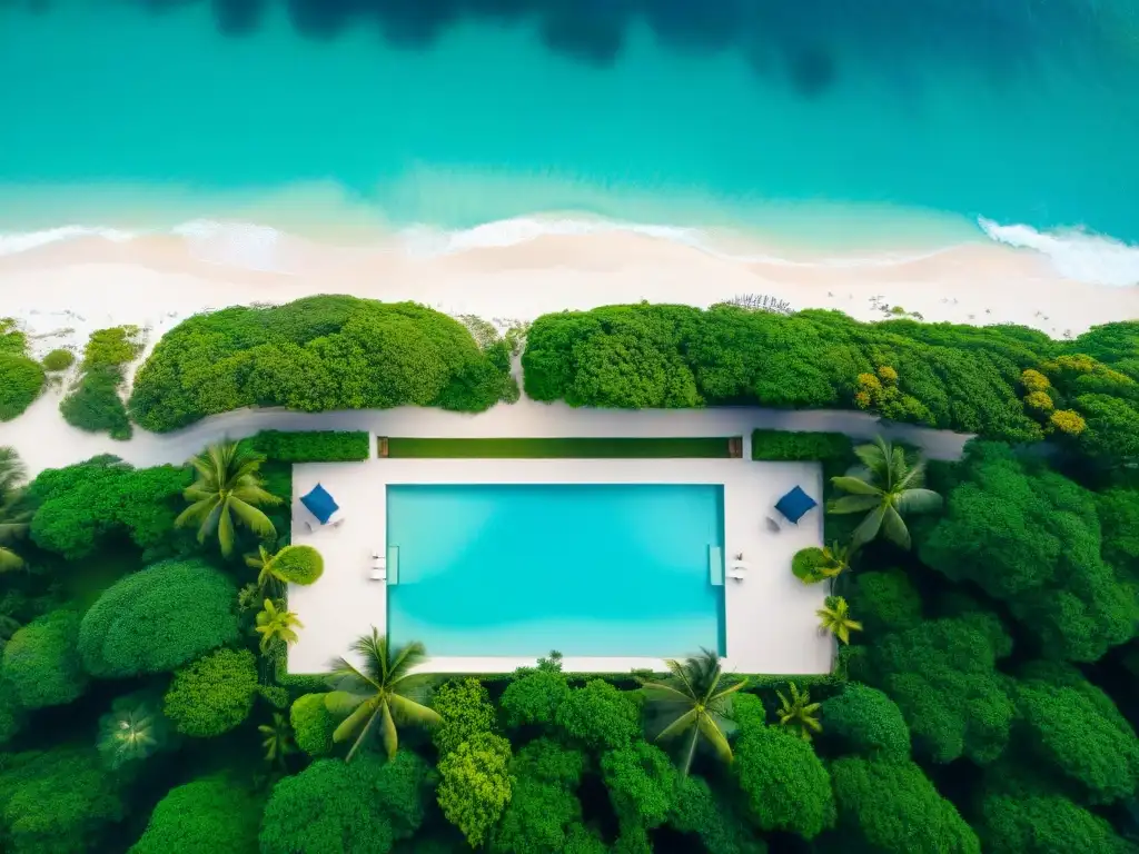 Paraíso costero exclusivo: Inversiones en REIT Inversiones en REITs costeros: Vista aérea de un lujoso resort costero con palmeras, playas de arena blanca y agua turquesa