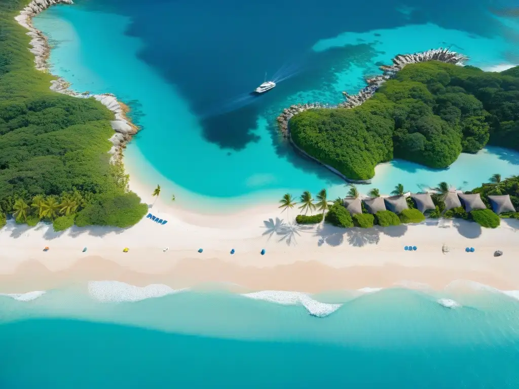 Resort de lujo en paraíso costero: inversión REIT exclusiva Inversiones en REITs costeros: Vista aérea de lujoso resort costero rodeado de aguas turquesa, con piscinas y villas privadas