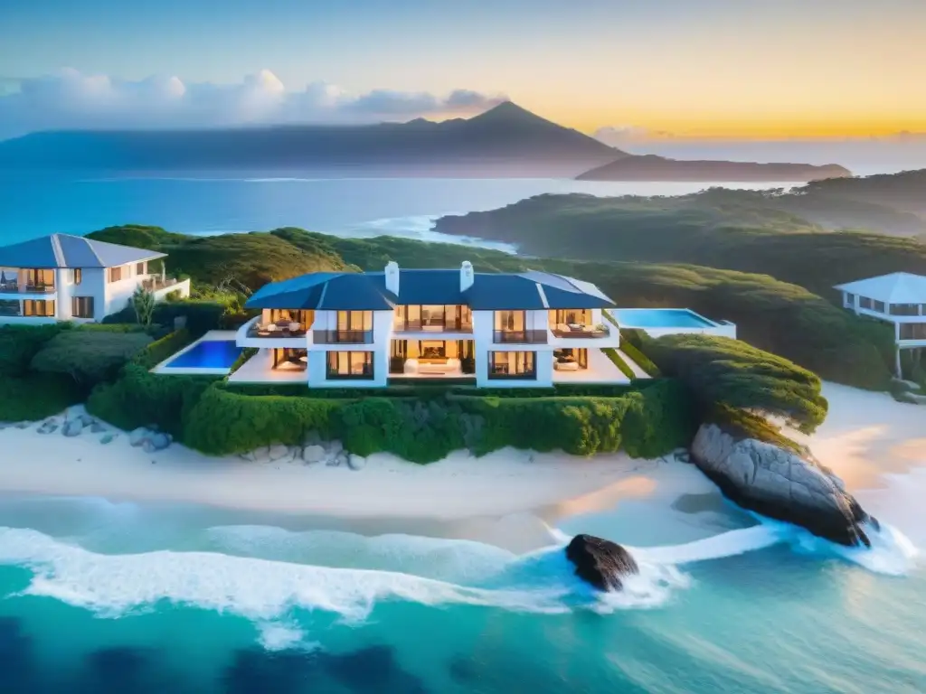 Inversión inmobiliaria de lujo en la costa al atardecer Inversiones REITs costeros de lujo: Propiedad costera lujosa al atardecer con arquitectura moderna y playa privada