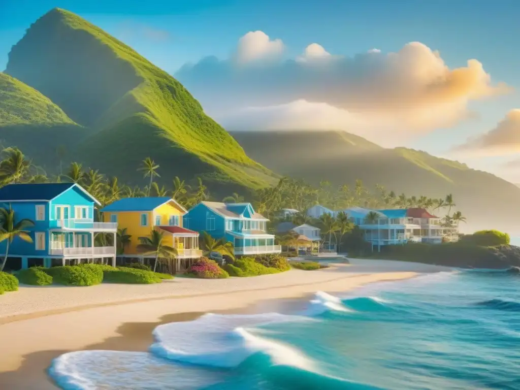 Inversiones inmobiliarias costeras: lujo y tranquilidad frente al mar Inversiones en REITs costeros: Pintoresco pueblo costero con propiedades coloridas frente al mar, gente disfrutando actividades playeras