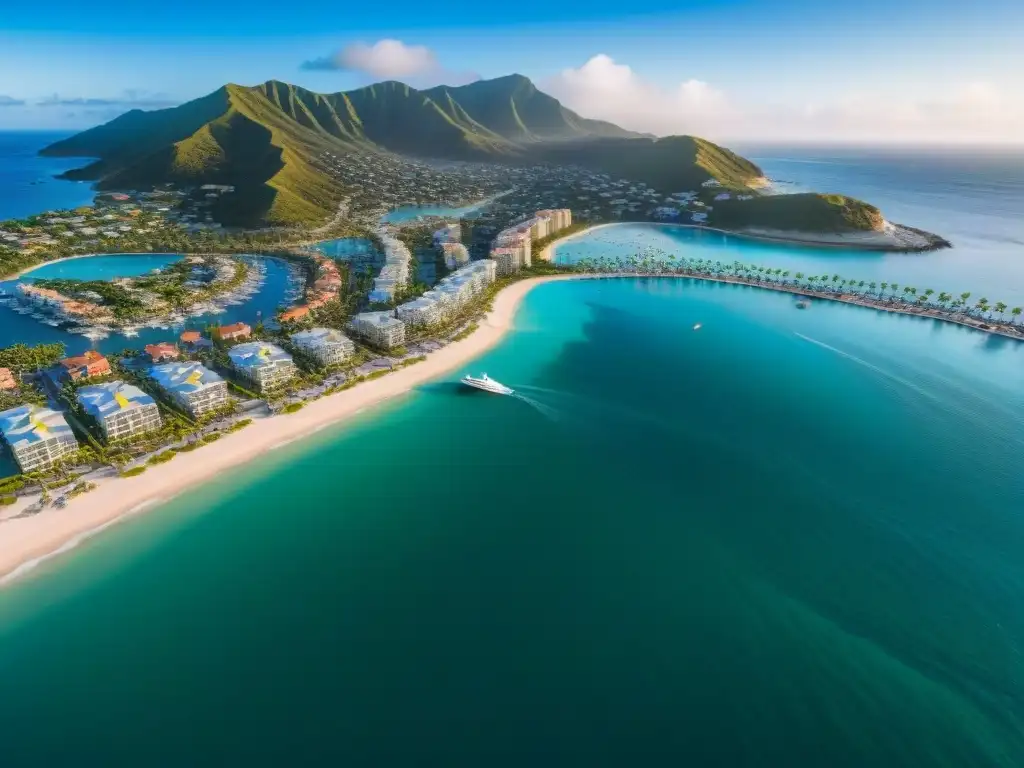Inversiones inmobiliarias de lujo en paraísos costeros Inversiones en REITs costeros: Vistas aéreas de una ciudad costera llena de propiedades lujosas, marinas vibrantes y palmeras en la costa