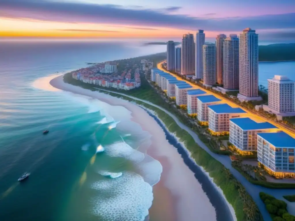 Inversión inmobiliaria costera: ciudad costera al atardecer Inversiones exitosas en REITs costeros: ciudad costera bulliciosa al atardecer con propiedades iluminadas y personas disfrutando de la playa