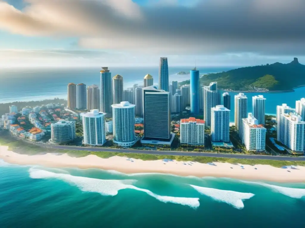 Contraste urbano-natural: ciudad costera moderna y tradicional Inversiones inmobiliarias costeras en contraste con la belleza natural y desarrollo urbano de una ciudad costera