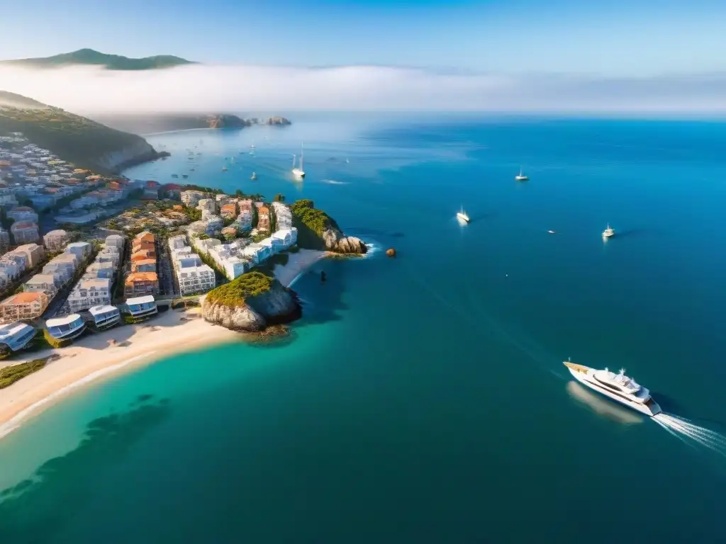 Inversiones inmobiliarias costeras estrategias: Vibrante ciudad costera con puerto, propiedades lujosas y gente disfrutando del litoral