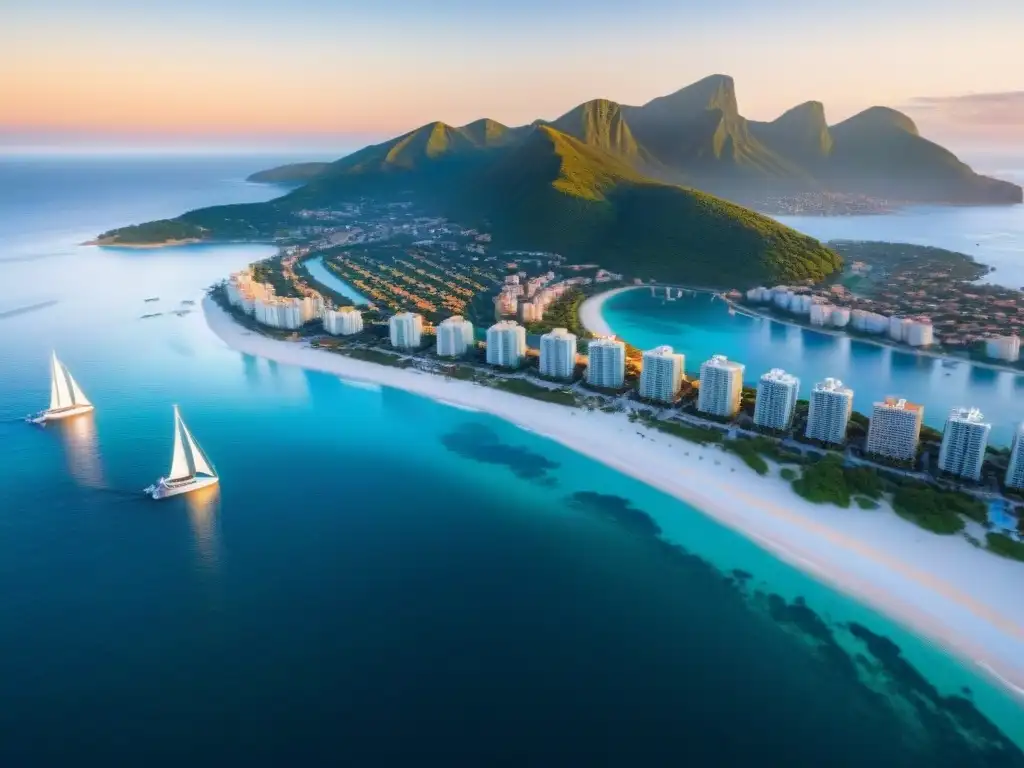 Inversión inmobiliaria: ciudad costera al amanecer Inversiones internacionales mercado inmobiliario costero: Ciudad costera al amanecer con modernos edificios y yates en el mar