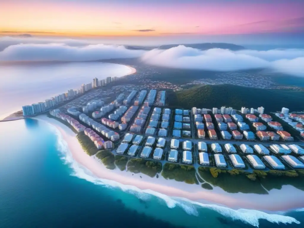 Paisaje costero al atardecer: ciudad moderna y playas doradas Inversiones internacionales mercado inmobiliario costero: Ciudad costera al atardecer, entre edificios y playas