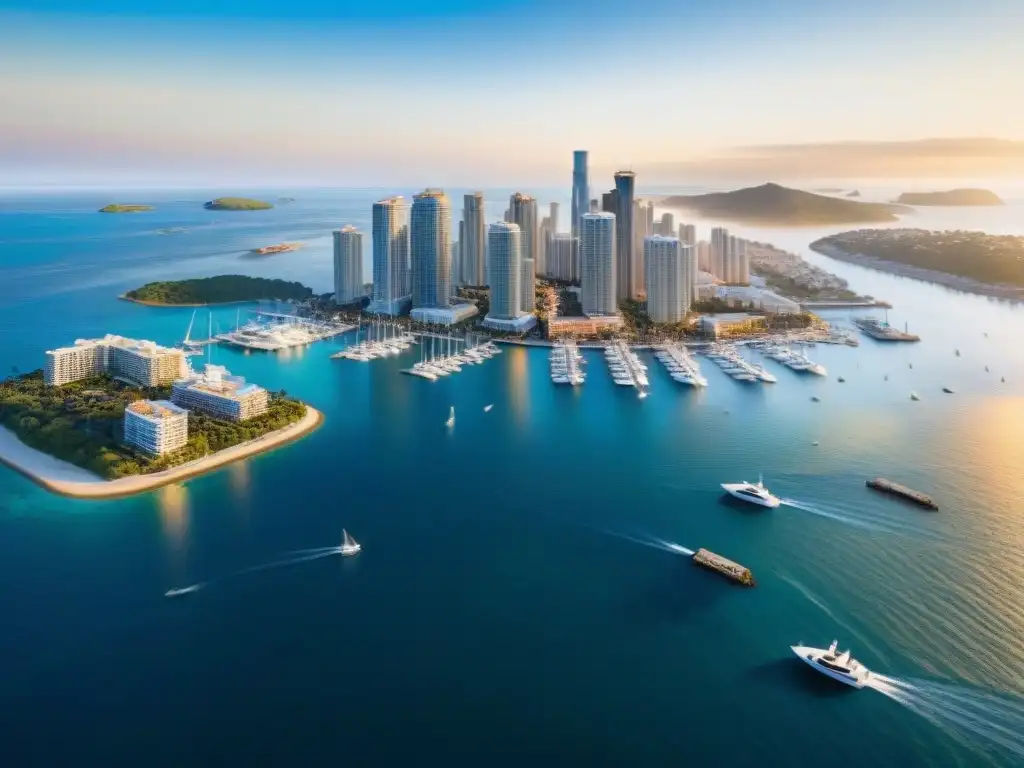 Esplendor costero: ciudad moderna y belleza natural Inversiones internacionales en mercado inmobiliario costero: Ciudad costera con rascacielos, marina y atardecer dorado