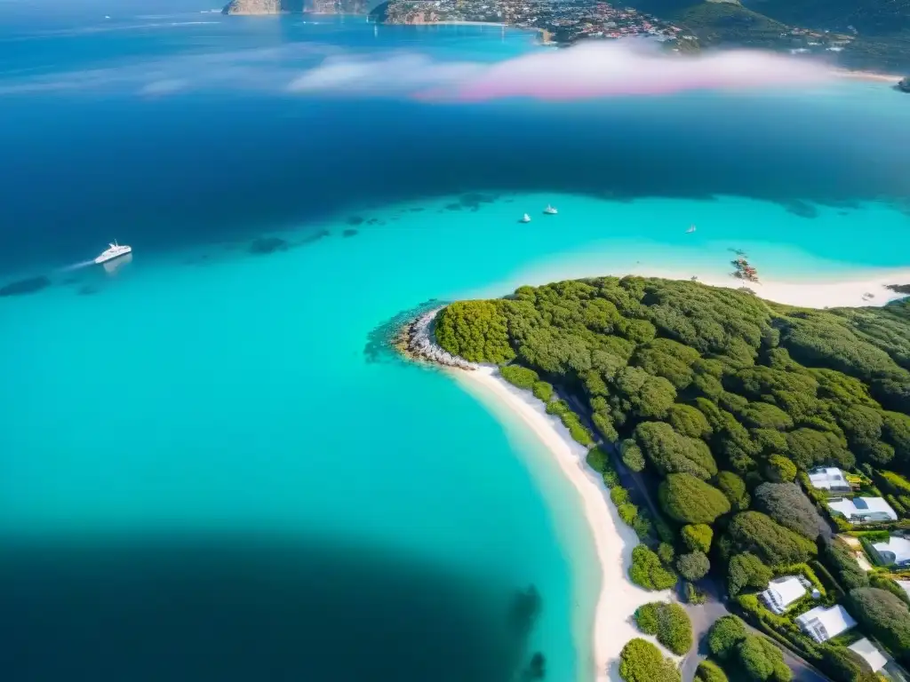 Costa de lujo: inversores internacionales en propiedades frente al mar Inversiones internacionales en mercado inmobiliario costero: Vista aérea de costa lujosa con aguas turquesas y propiedades frente al mar