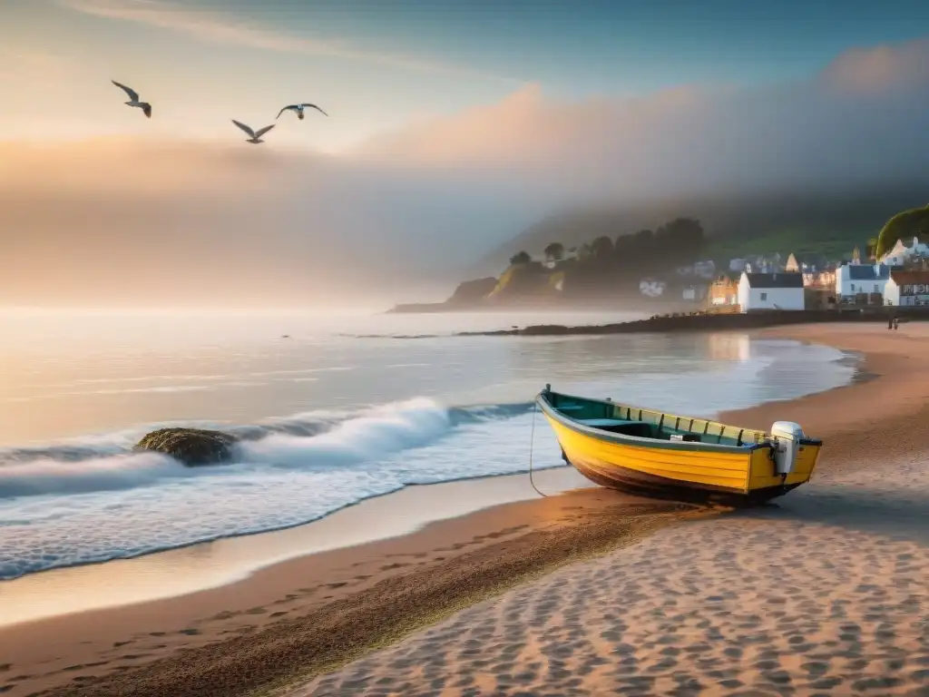 Amanecer sereno en la costa: barca pesquera y aldea costera Inversiones en propiedades costeras: Amanecer sereno en la costa con barca pesquera y pueblo al fondo, gaviotas en el cielo