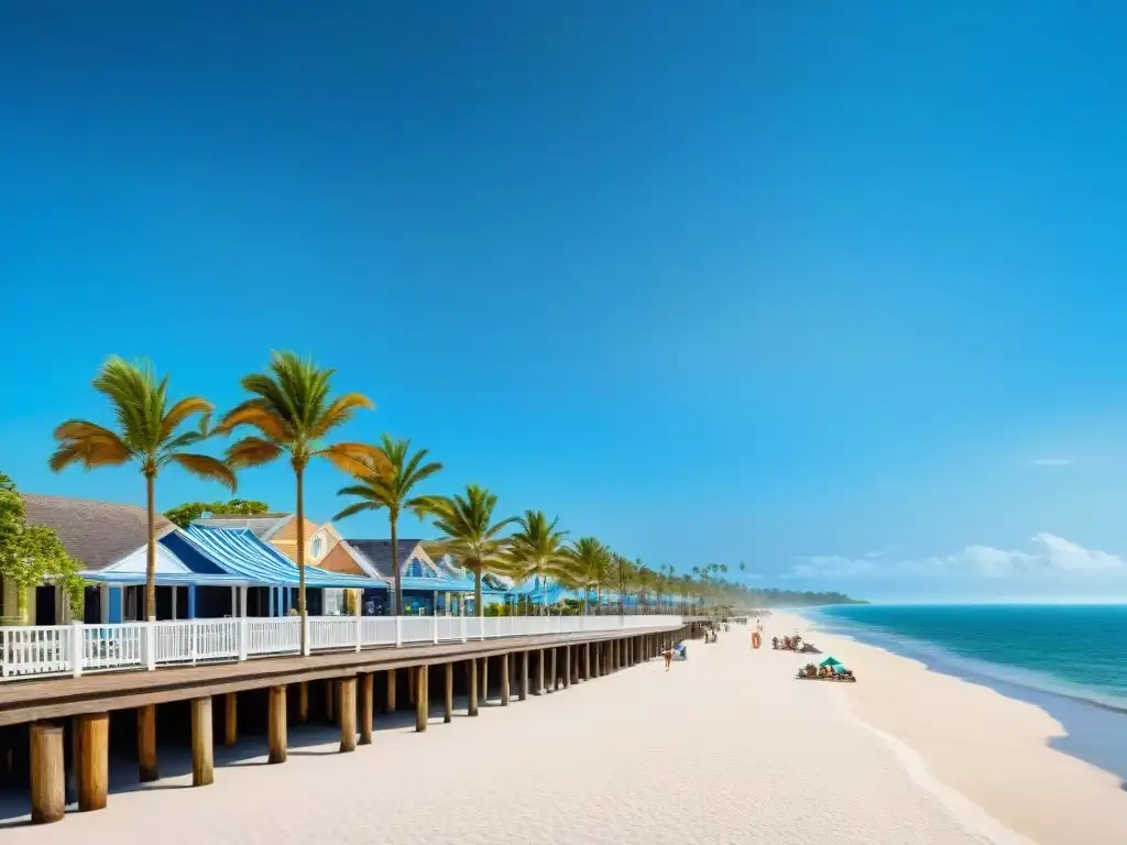 Inversión en propiedades costeras: vista panorámica de lujo y ocio Inversiones en propiedades costeras: Animado paseo marítimo con palmeras, lujosas casas de playa y personas disfrutando actividades recreativas