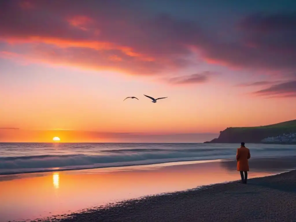 Paisaje costero al atardecer: tranquilidad y contemplación Inversiones en propiedades costeras: Un atardecer tranquilo en la costa con una figura solitaria observando el horizonte y gaviotas en vuelo