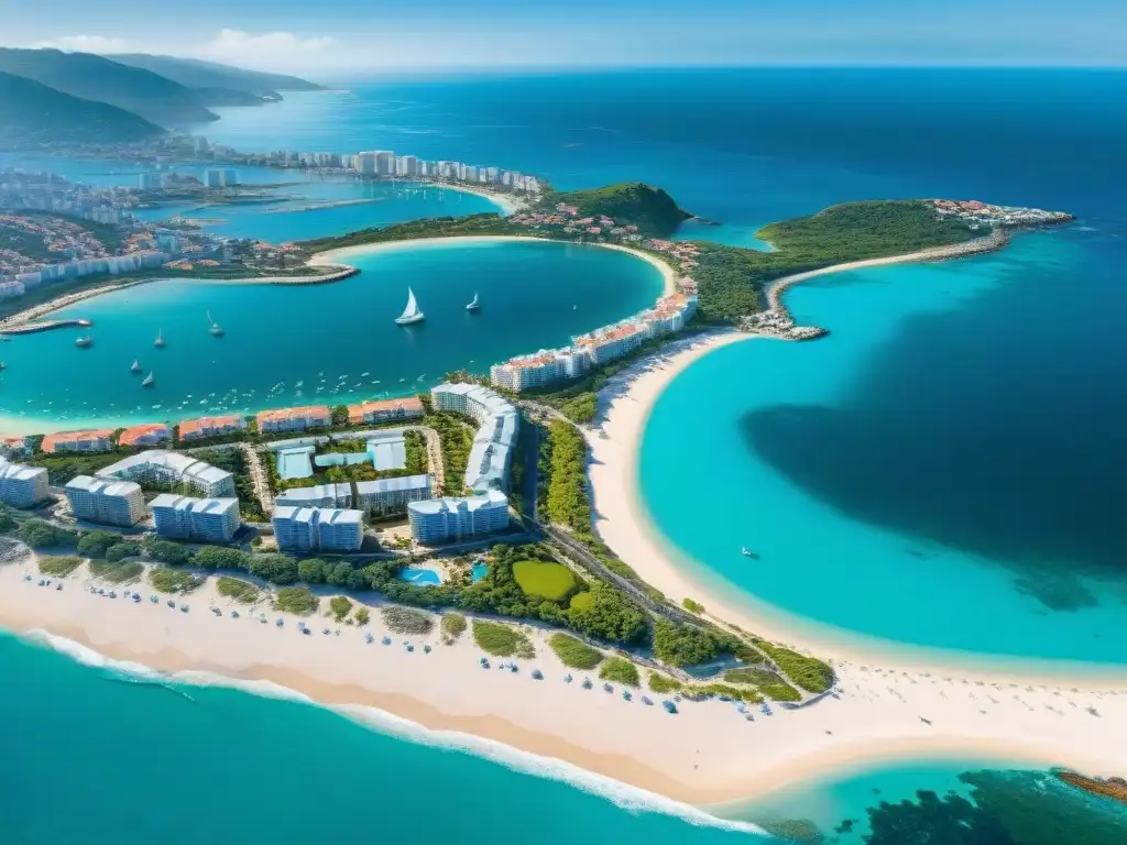 Costa urbana: modernidad y belleza natural en armonía Inversiones en propiedades costeras: Una ciudad costera moderna con rascacielos y una playa turquesa animada