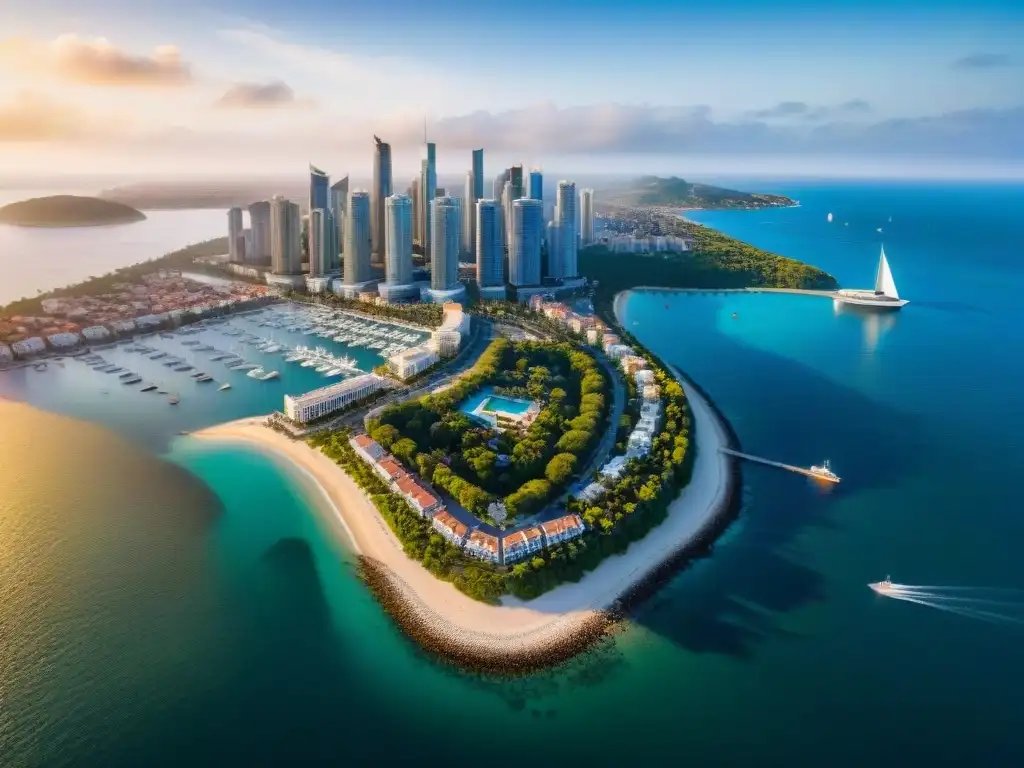 Metrópolis costera: inversión inmobiliaria y paisajes vibrantes Inversiones en propiedades costeras: Ciudad costera vibrante con rascacielos modernos, propiedades lujosas y un puerto bullicioso