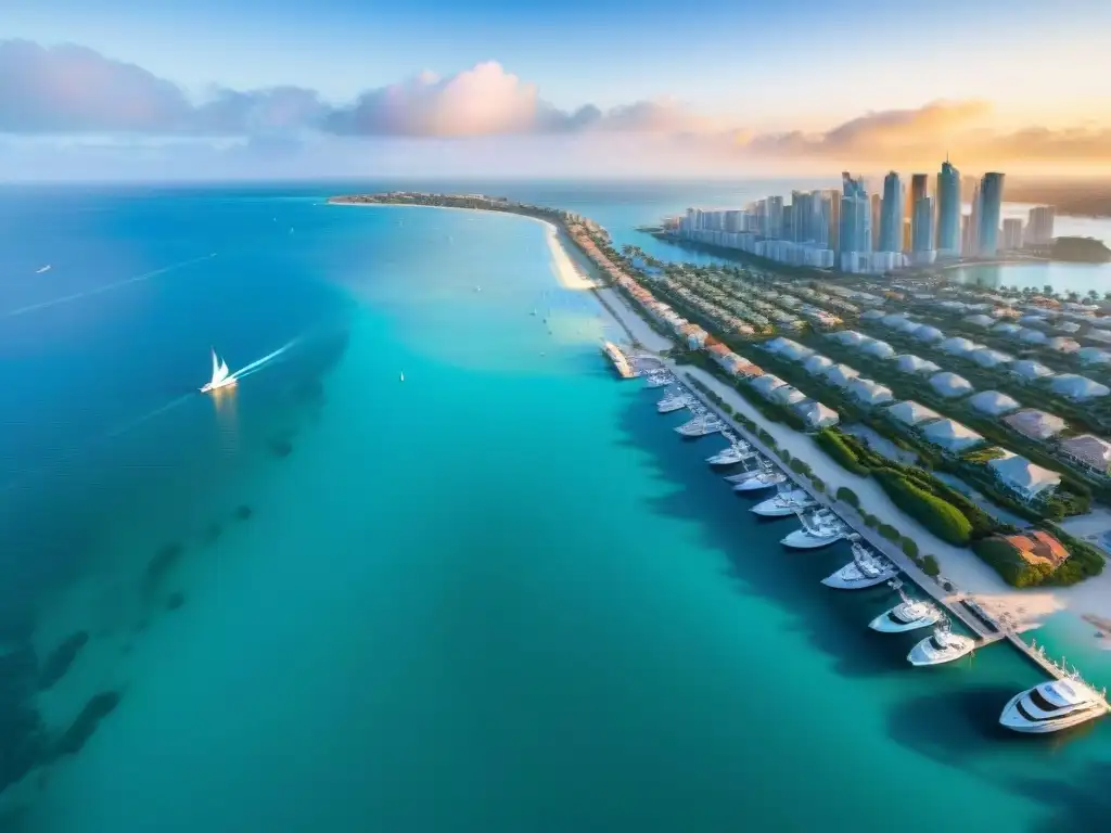 Horizonte costero vibrante: inversión en REITs junto al mar Inversiones en propiedades costeras: Ciudad costera con modernos edificios, playas doradas y atardecer sereno