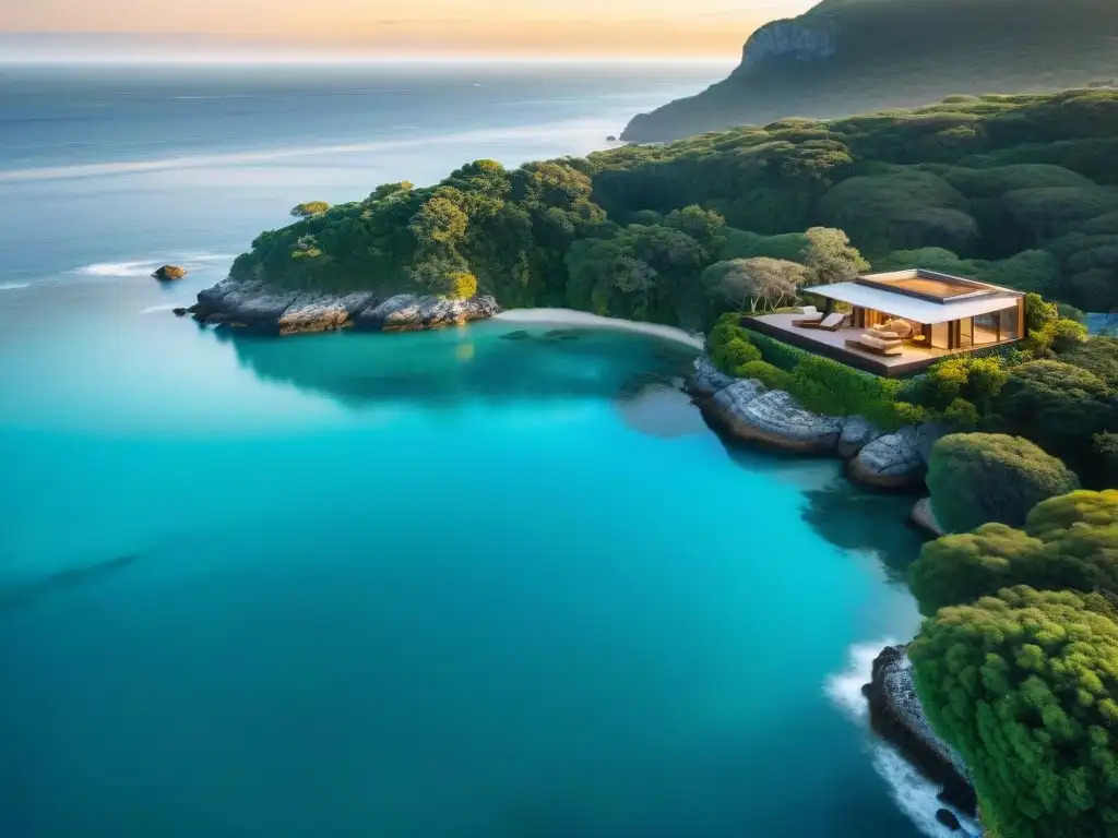 Propiedad de lujo en acantilado con vista al mar turquesa Inversiones en propiedades costeras de lujo: Mansión moderna con piscina infinita en acantilado al atardecer